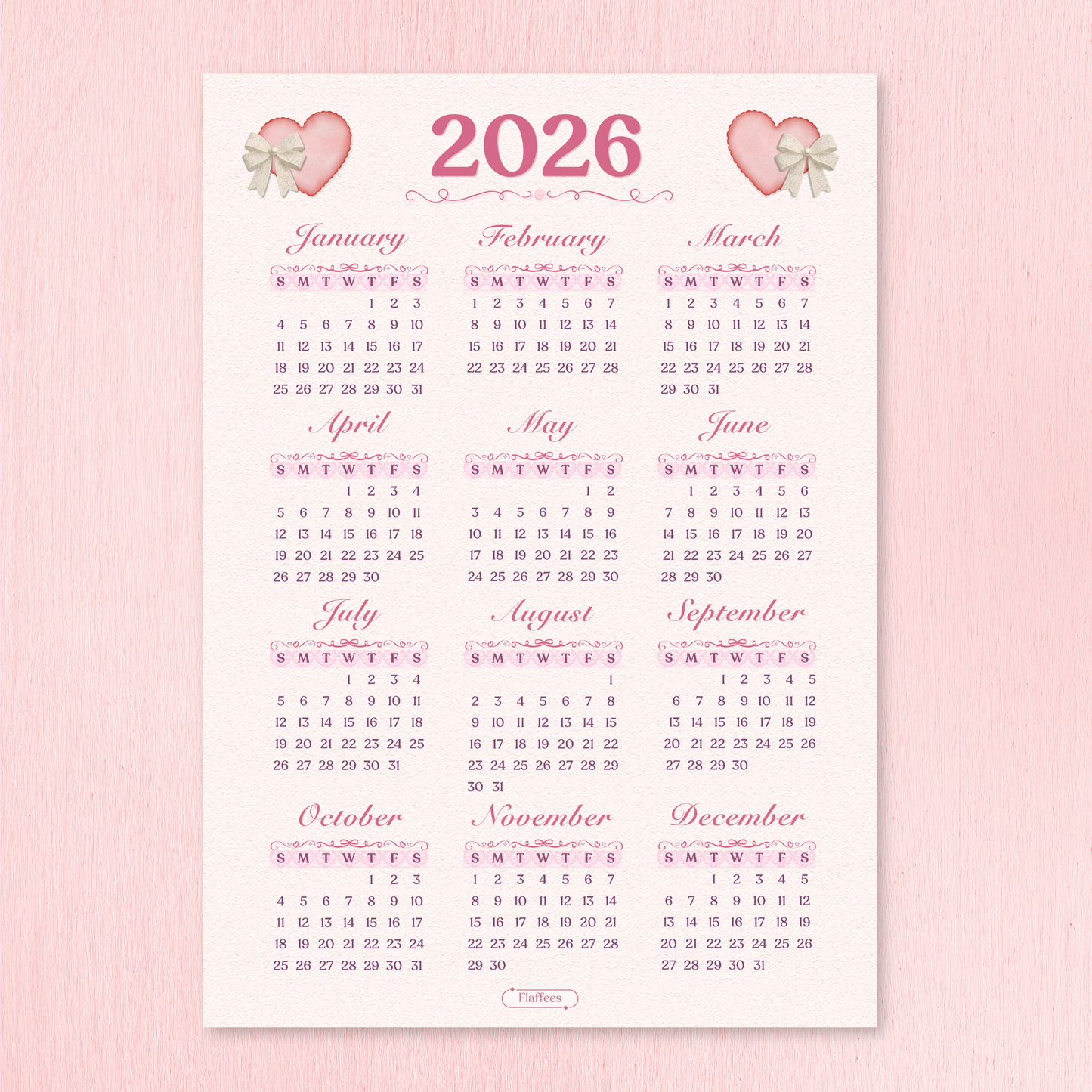 2026 calendar with heart designs on a pink background