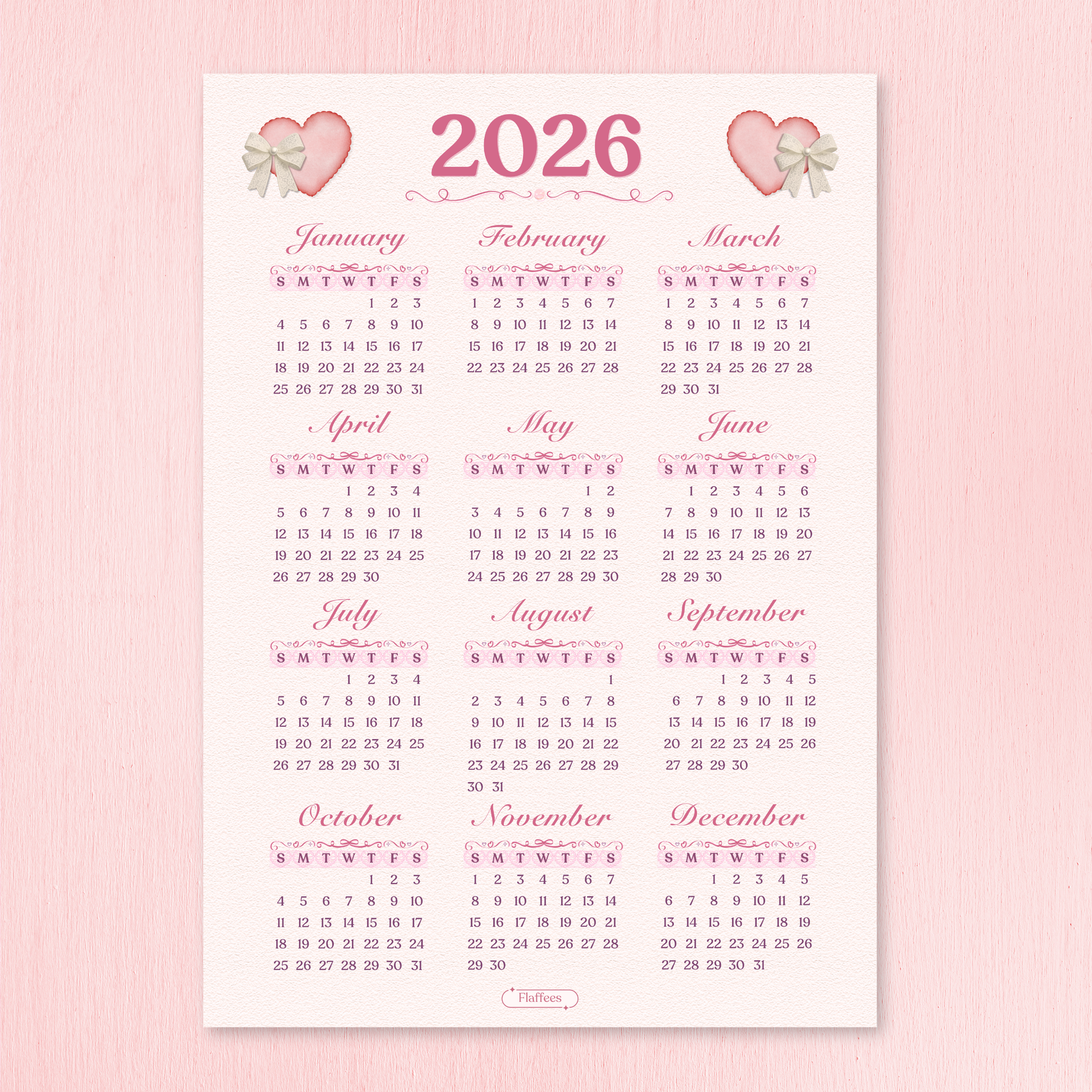 2026 calendar with heart designs on a pink background