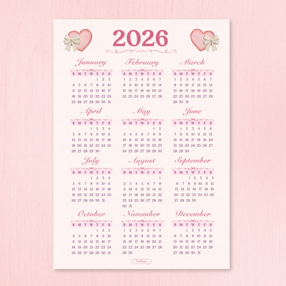 2026 calendar with heart designs on a pink background