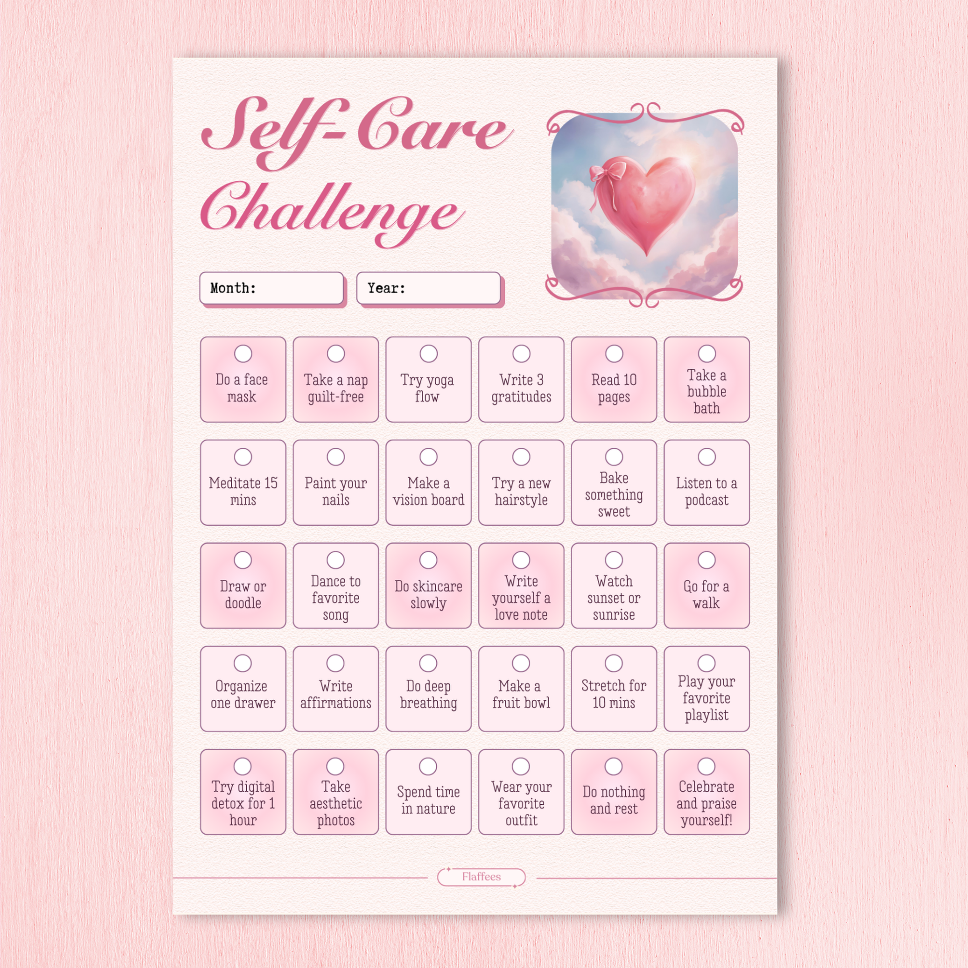 Self-care challenge sheet with pink background and heart design