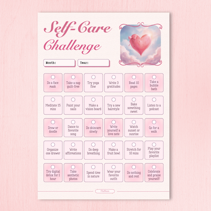 Self-care challenge sheet with pink background and heart design