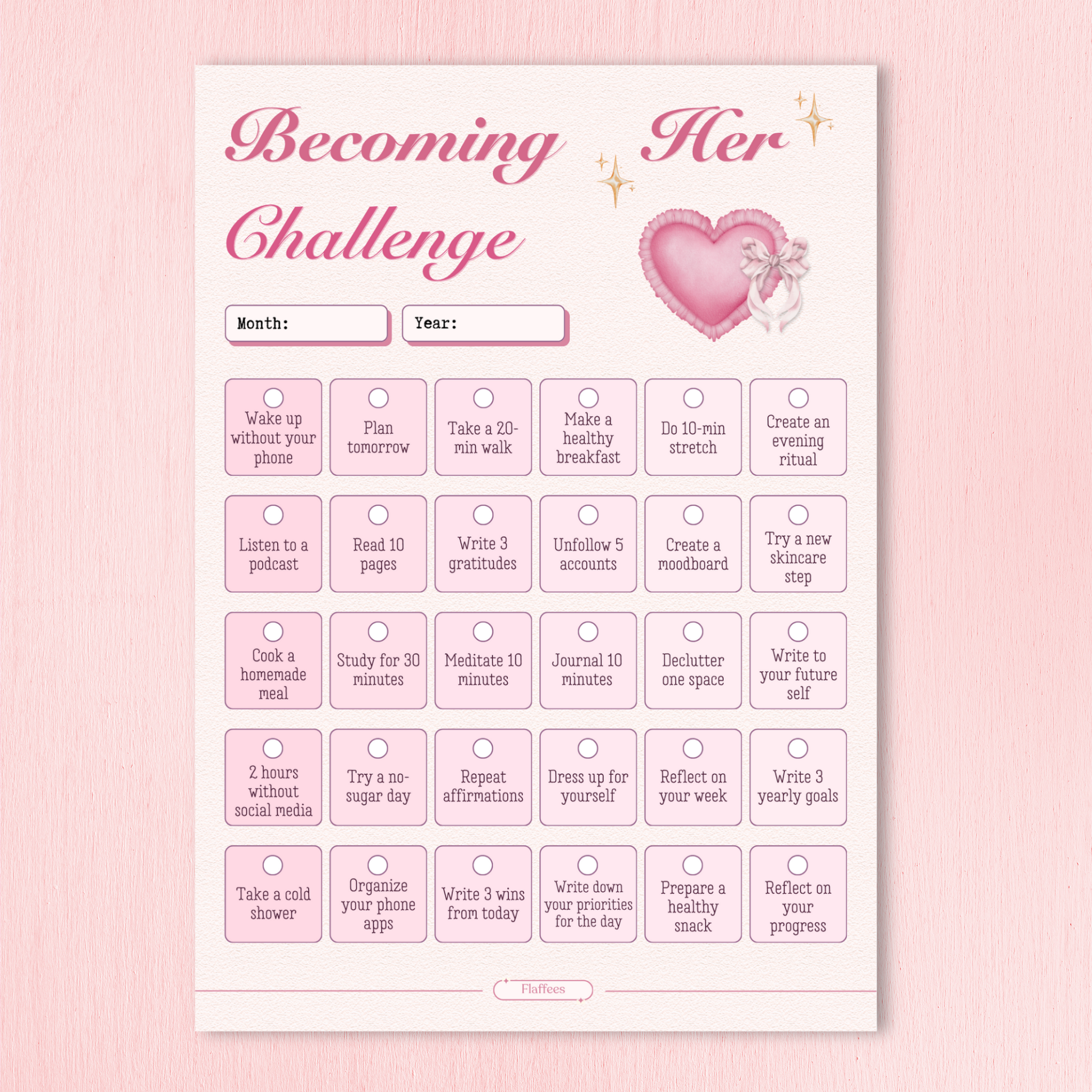 Sheet titled 'Becoming Her Challenge' with various self-care activities on a pink background