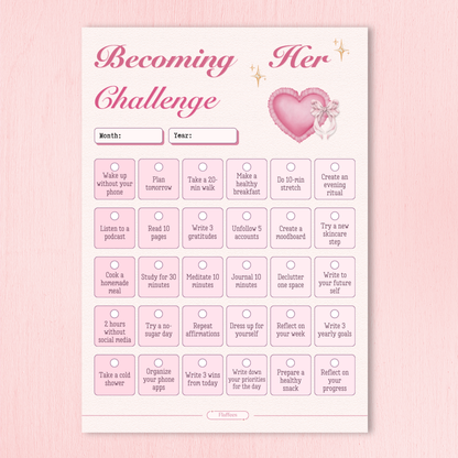 Sheet titled 'Becoming Her Challenge' with various self-care activities on a pink background