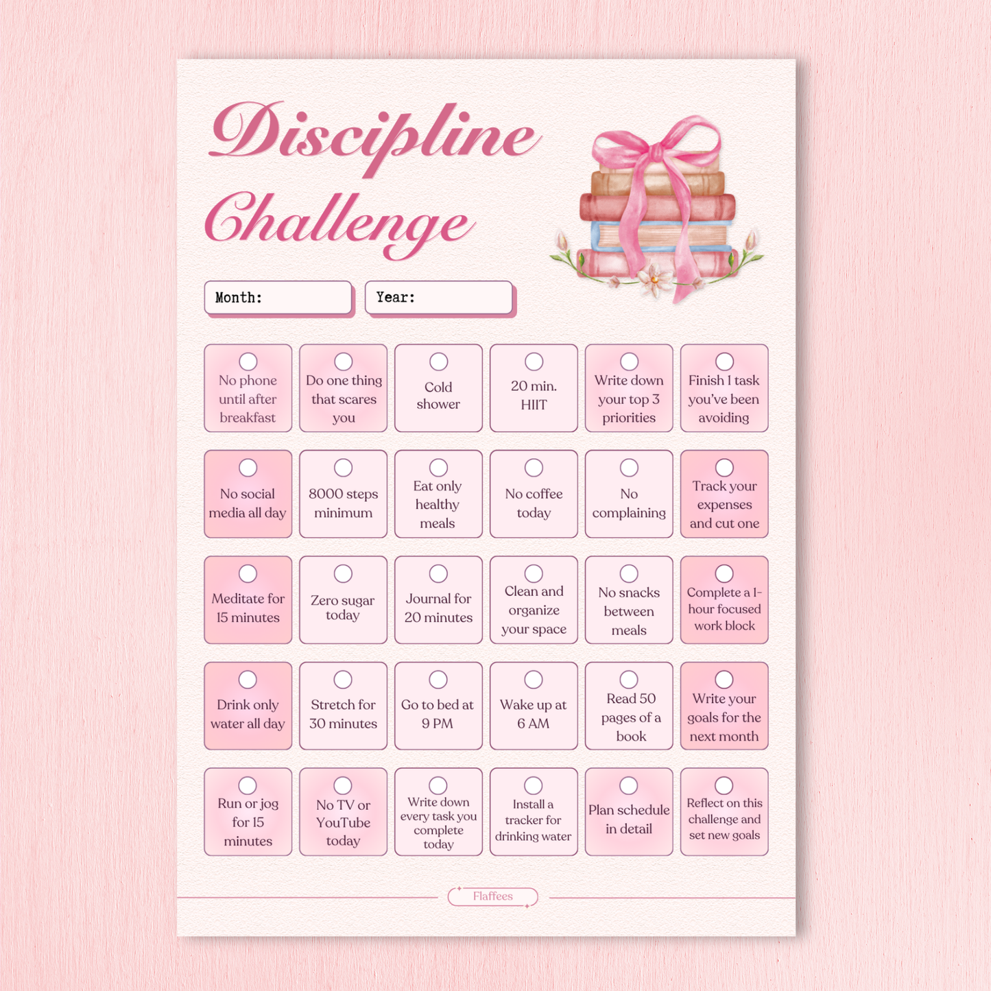 Pink 'Discipline Challenge' calendar with daily tasks on a pink background