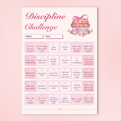 Pink 'Discipline Challenge' calendar with daily tasks on a pink background
