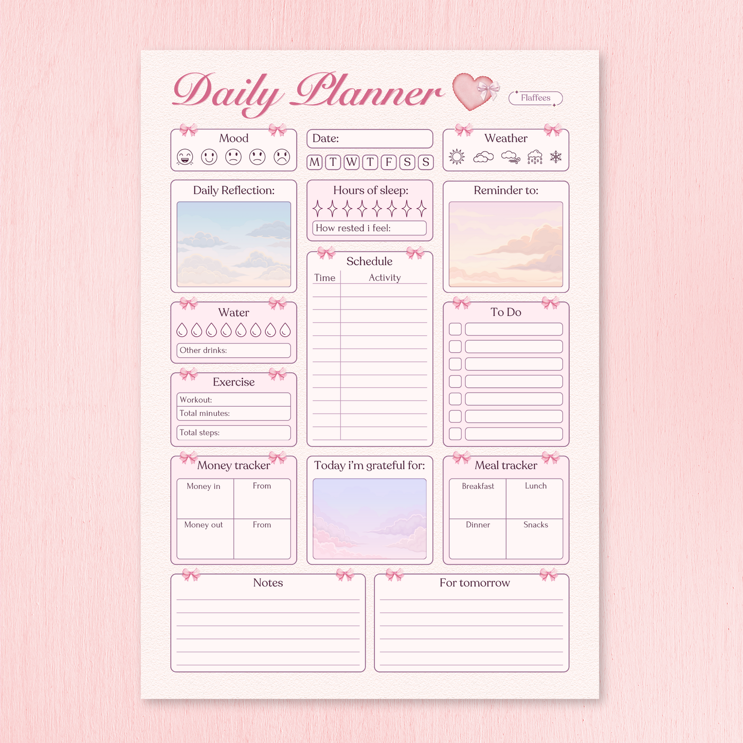 Daily planner sheet with various sections on a pink background
