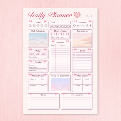 Daily planner sheet with various sections on a pink background
