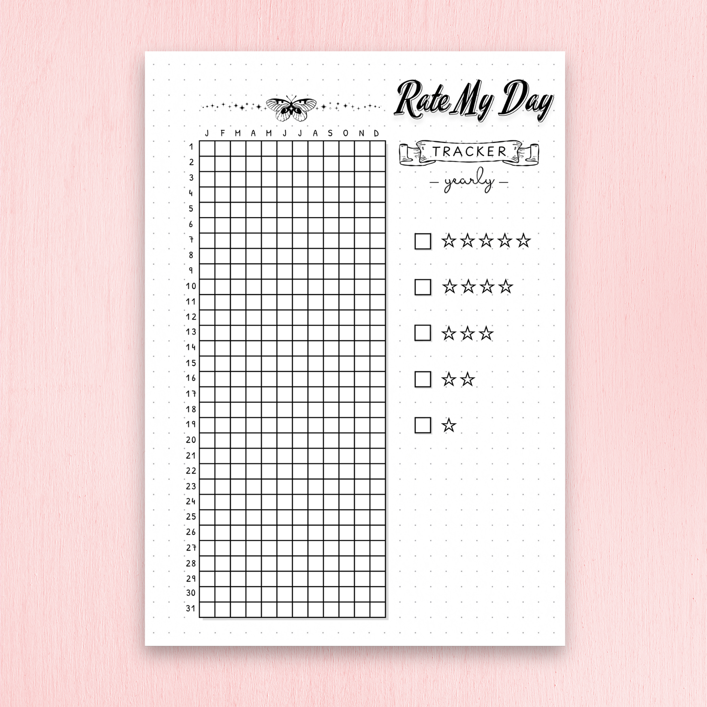 Sheet of paper with a grid and rating system on a pink background