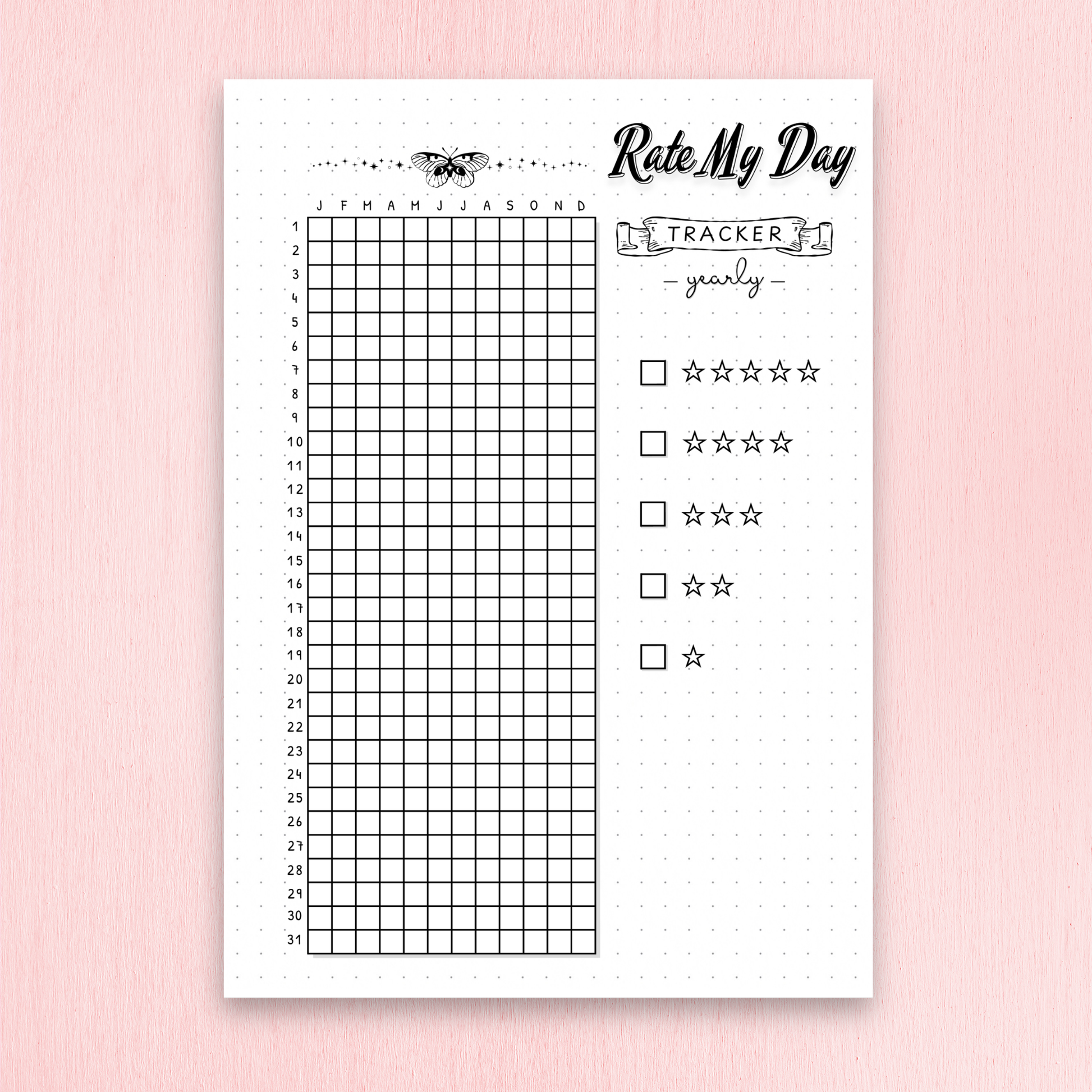 Sheet of paper with a grid and rating system on a pink background