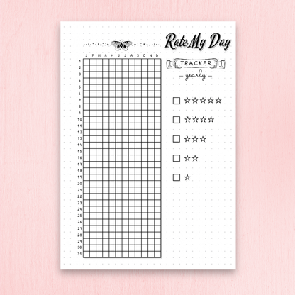 Sheet of paper with a grid and rating system on a pink background