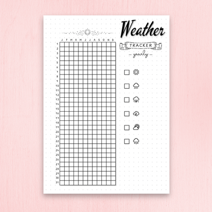 Weather tracker sheet on a pink background