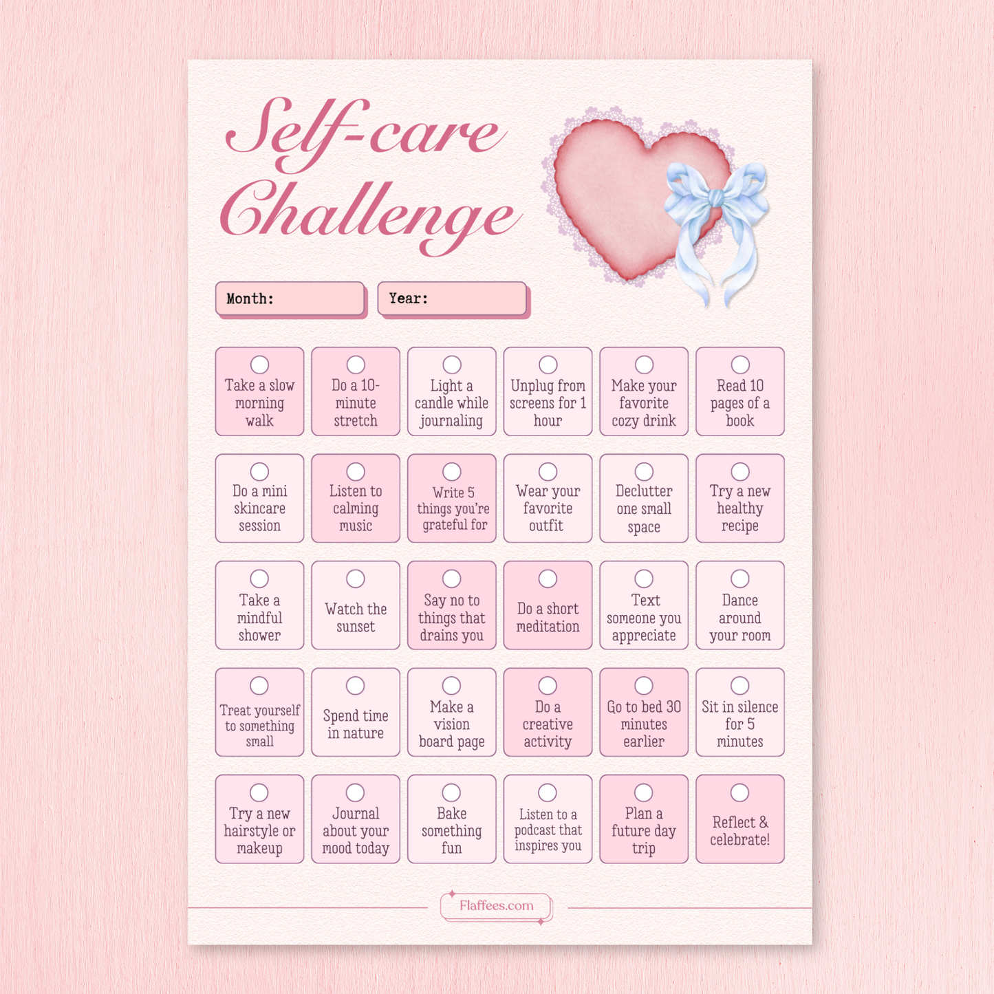 Self-care challenge sheet with heart design on a pink background