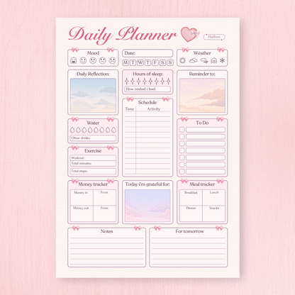 Coquette Daily planner sheet with various sections on a pink background