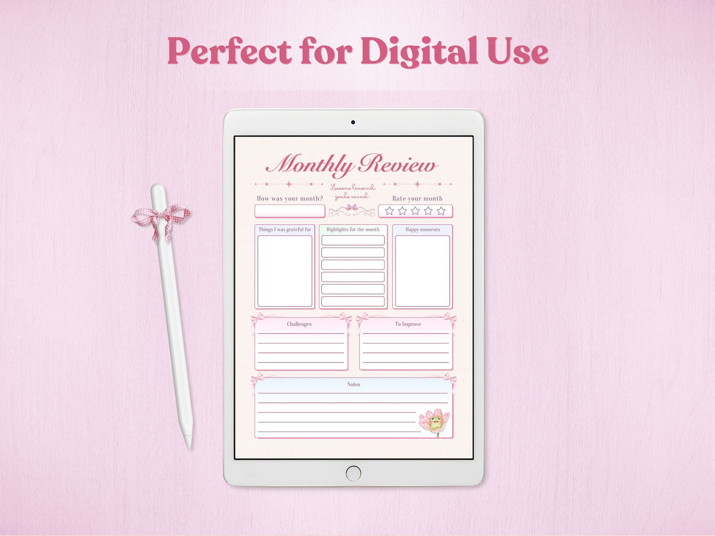 Digital March bullet journal on an iPad, showing a pastel pink monthly review page and an Apple Pencil with a bow.
