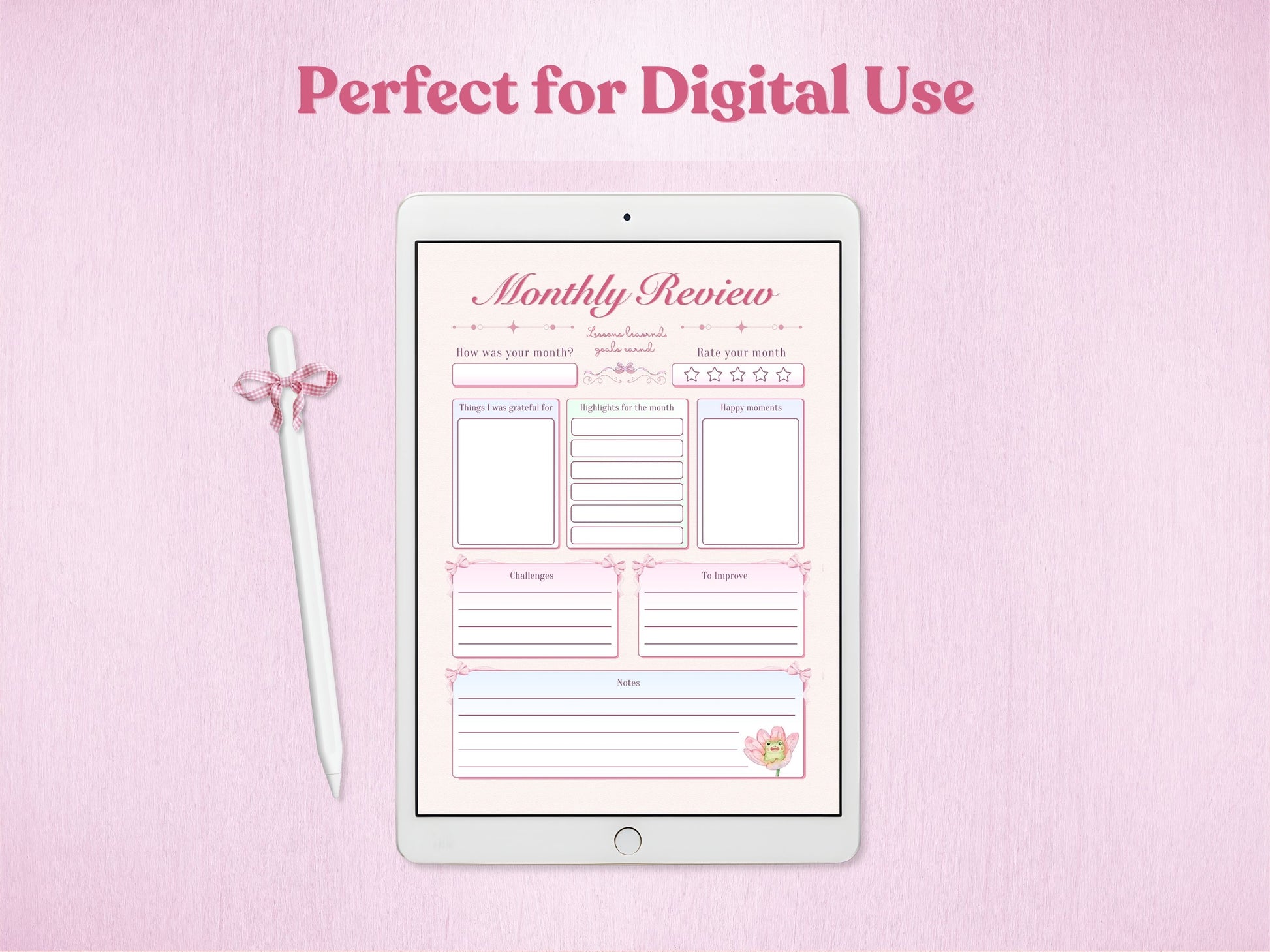Digital March bullet journal on an iPad, showing a pastel pink monthly review page and an Apple Pencil with a bow.