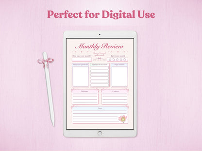 Digital March bullet journal on an iPad, showing a pastel pink monthly review page and an Apple Pencil with a bow.