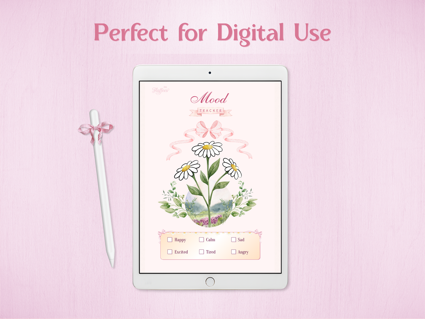 Digital version of the May Mood Tracker displayed on an iPad with an Apple Pencil, decorated with a cute pink gingham bow.