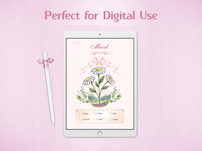 Digital version of the May Mood Tracker displayed on an iPad with an Apple Pencil, decorated with a cute pink gingham bow.