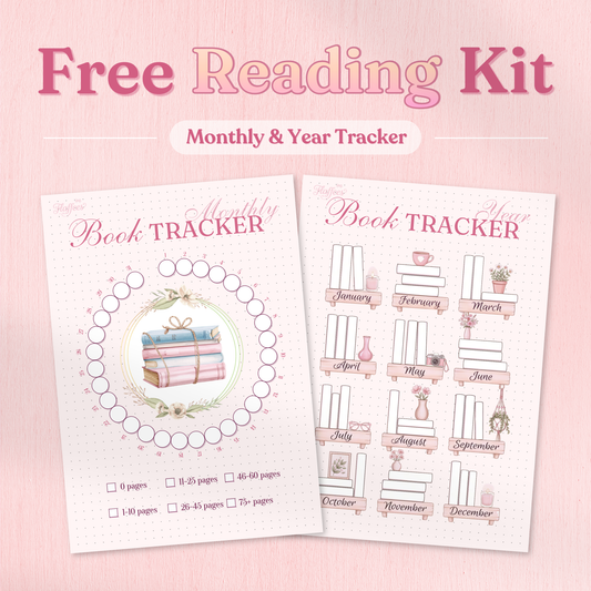 A preview image titled "Free Reading Kit" showing the Monthly and Year Tracker pages arranged against a soft pink aesthetic background.