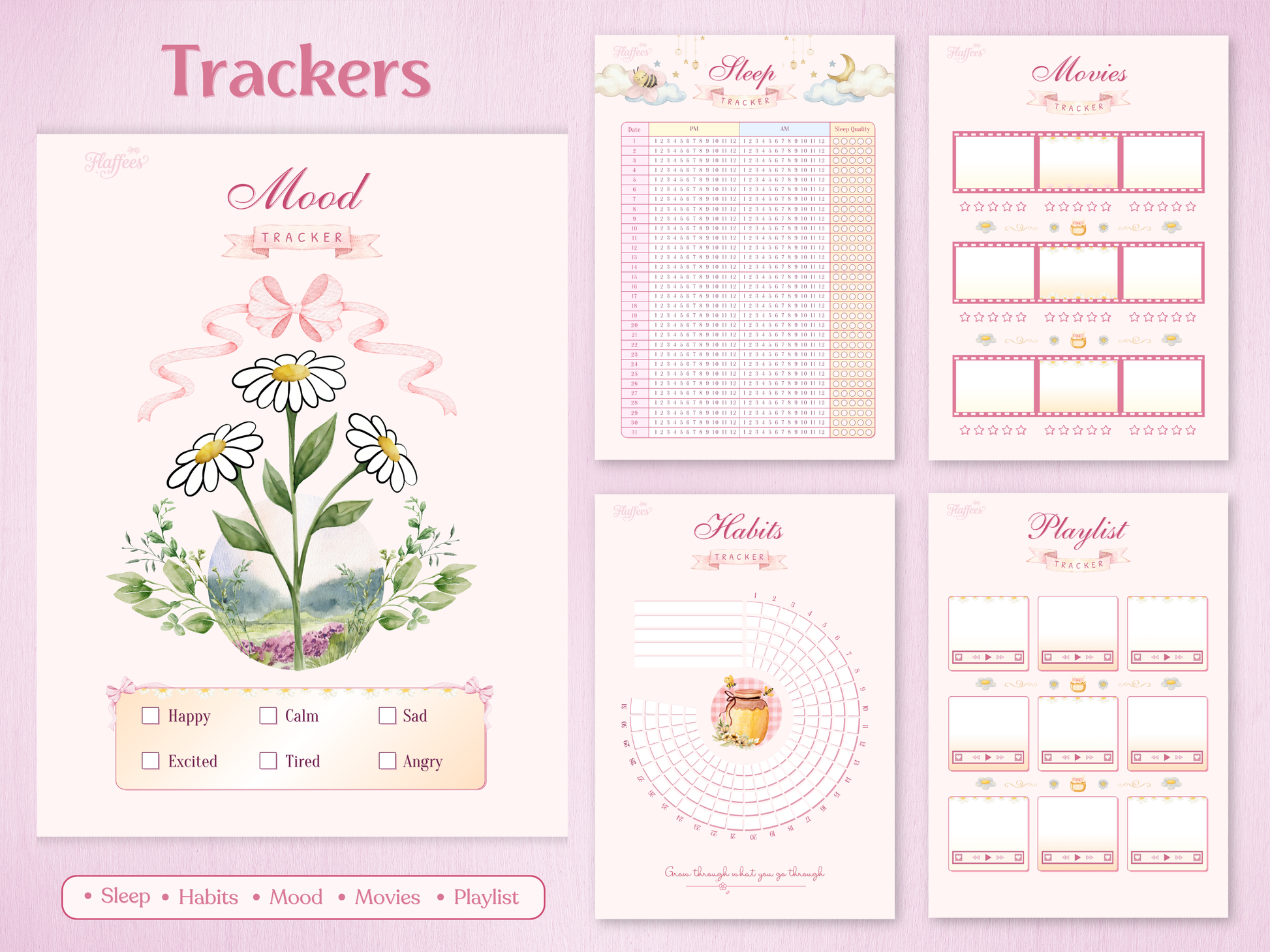 Aesthetic bullet journal trackers for May: mood tracker with daisies, circular habit tracker, sleep log, and movie tracker in soft pink colors.