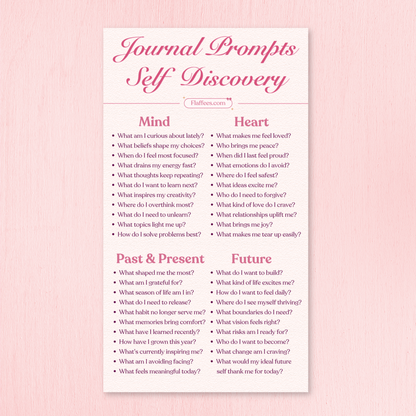 Sheet of journal prompts for self-discovery on a pink background