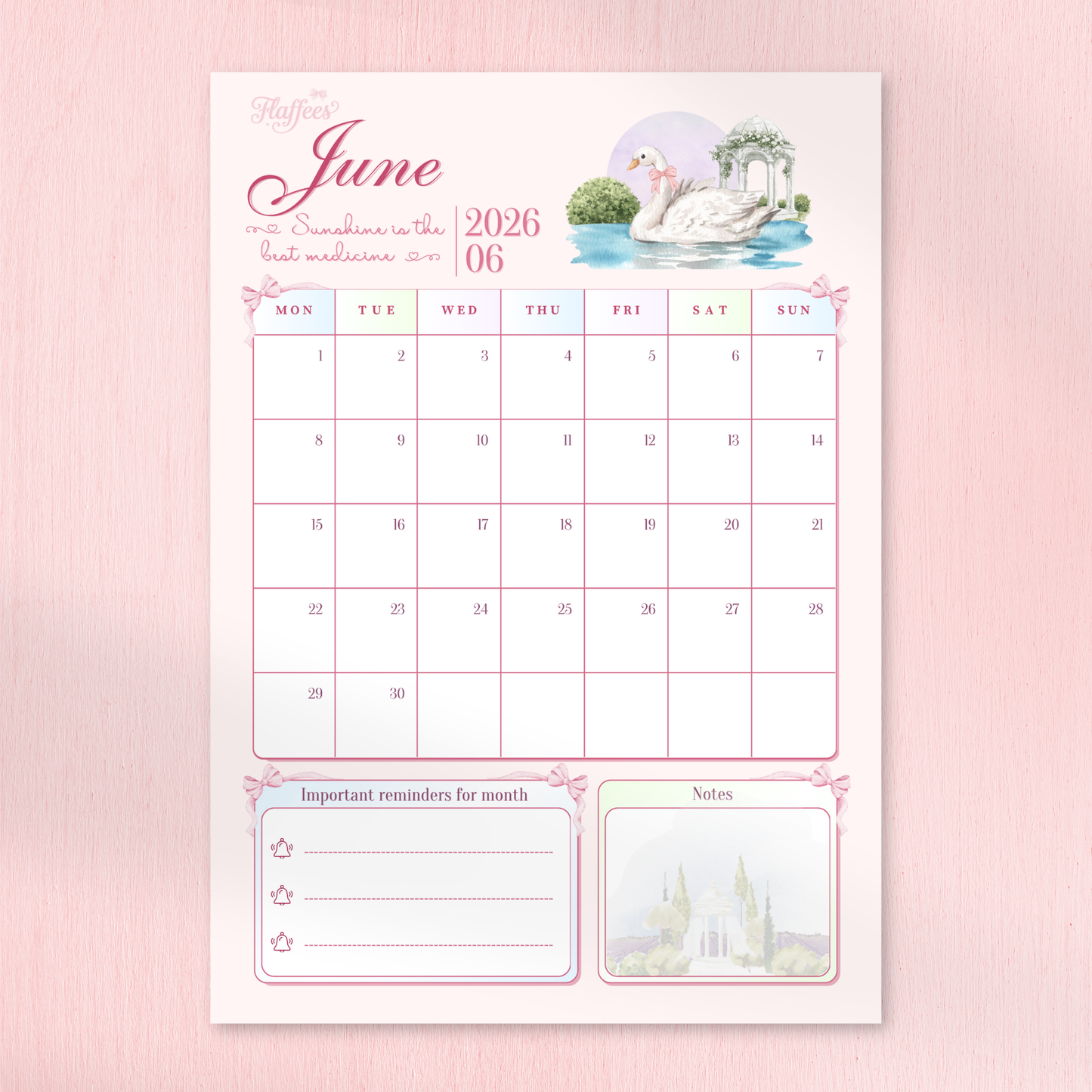 A soft pink June 2026 monthly calendar featuring a watercolor illustration of a swan in a pond and sections for notes and reminders.