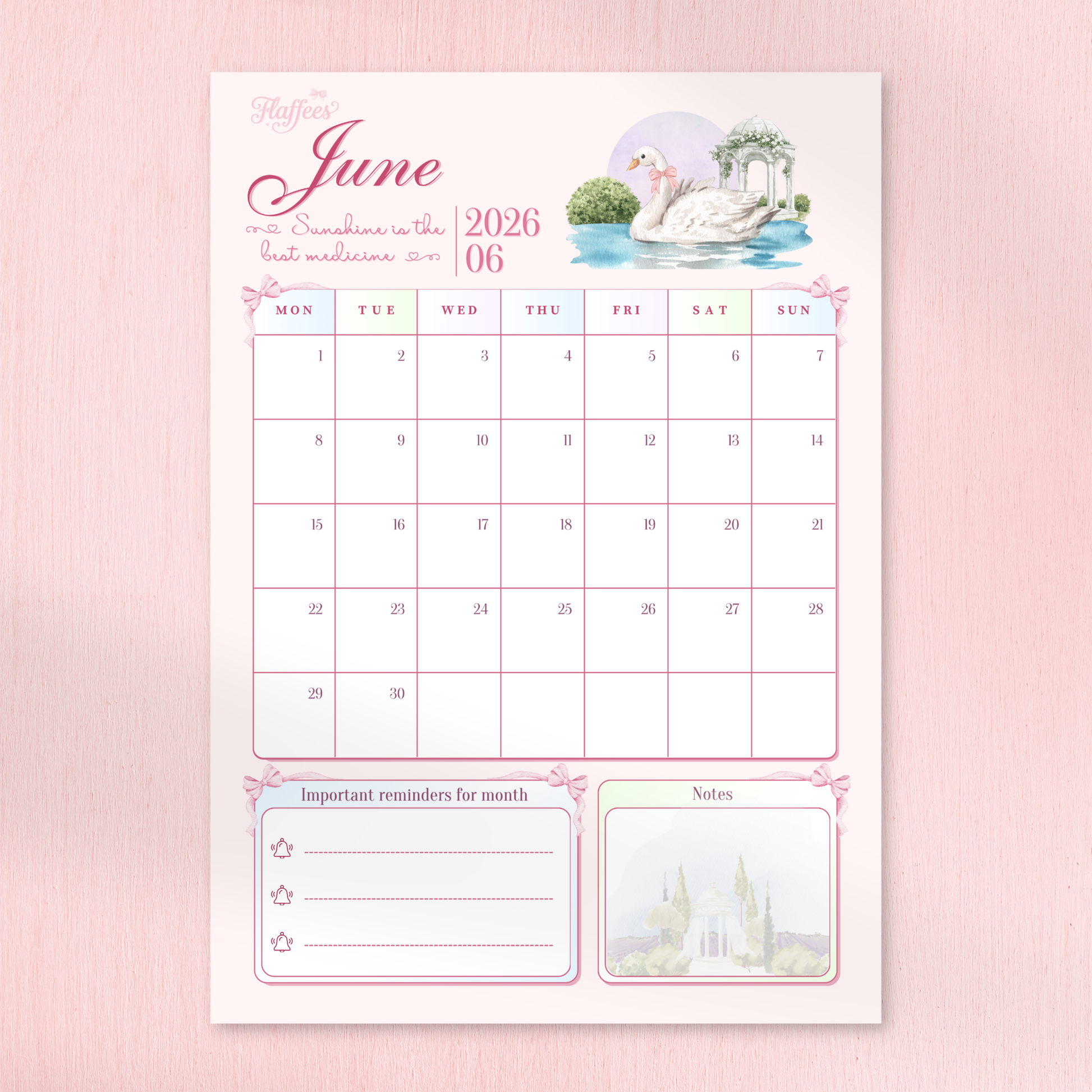 A soft pink June 2026 monthly calendar featuring a watercolor illustration of a swan in a pond and sections for notes and reminders.