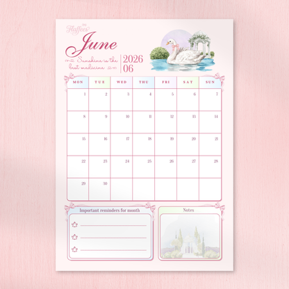 A soft pink June 2026 monthly calendar featuring a watercolor illustration of a swan in a pond and sections for notes and reminders.