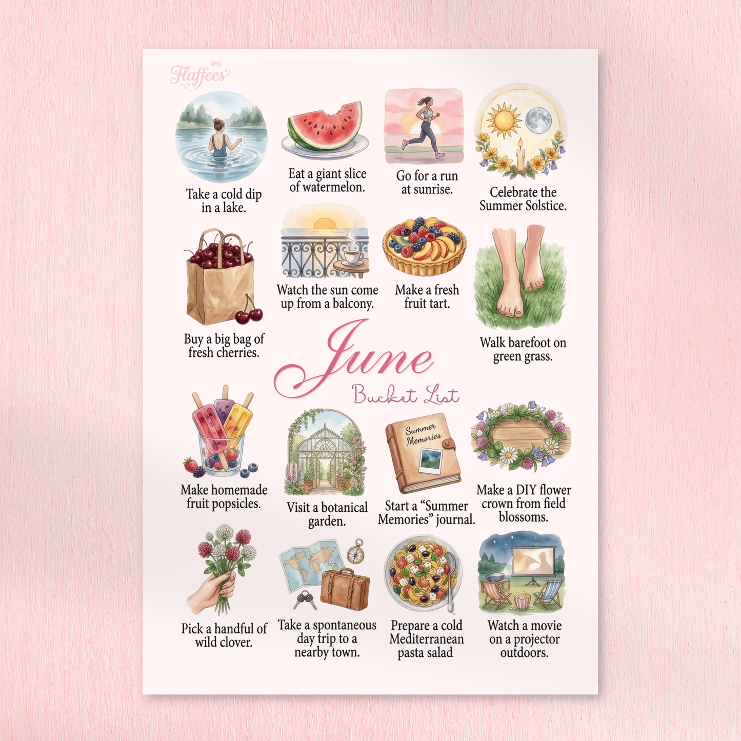 A charming watercolor bucket list for June with activities like eating watermelon, watching the sunrise, and picking wild clover.