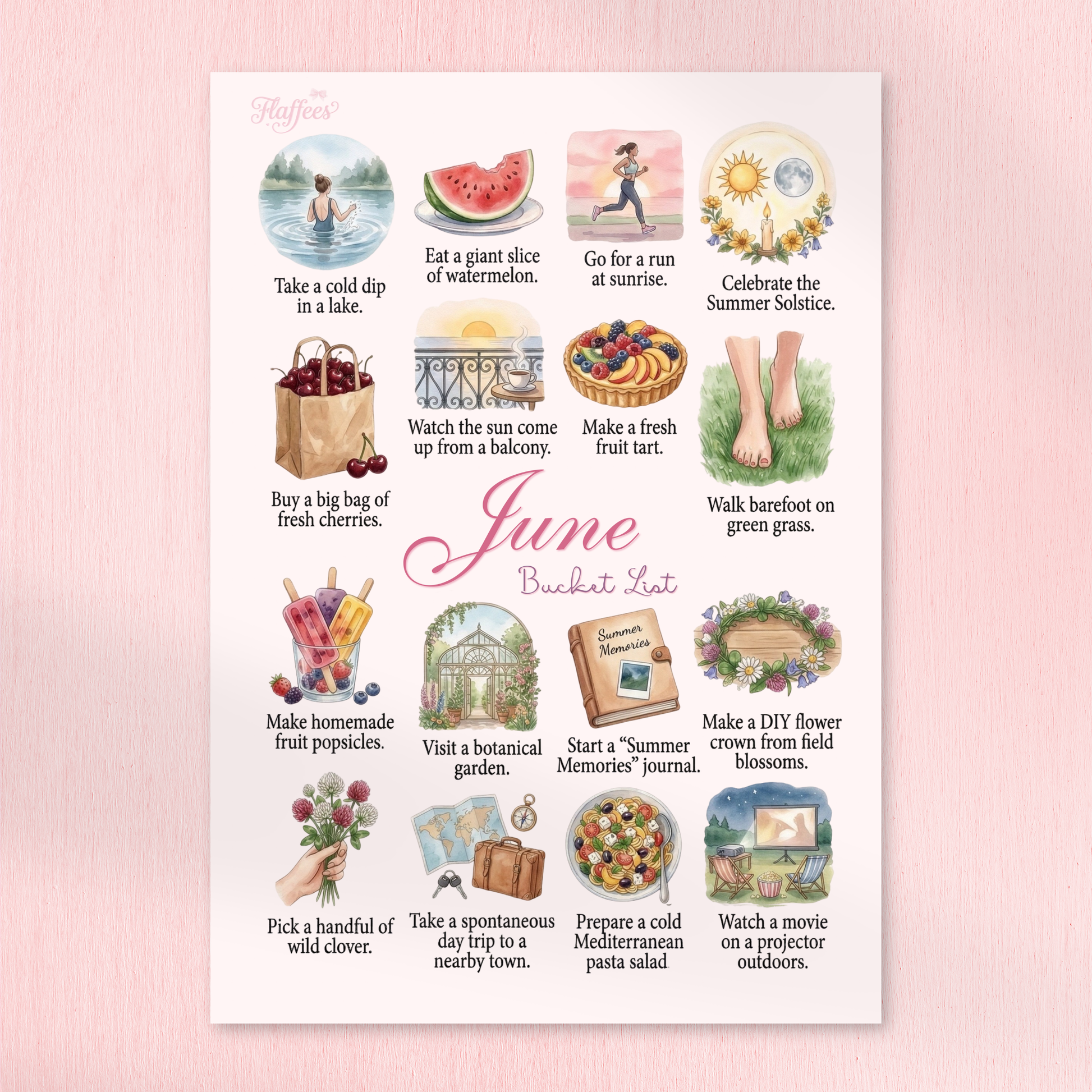 A charming watercolor bucket list for June with activities like eating watermelon, watching the sunrise, and picking wild clover.