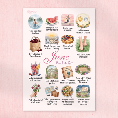 A charming watercolor bucket list for June with activities like eating watermelon, watching the sunrise, and picking wild clover.