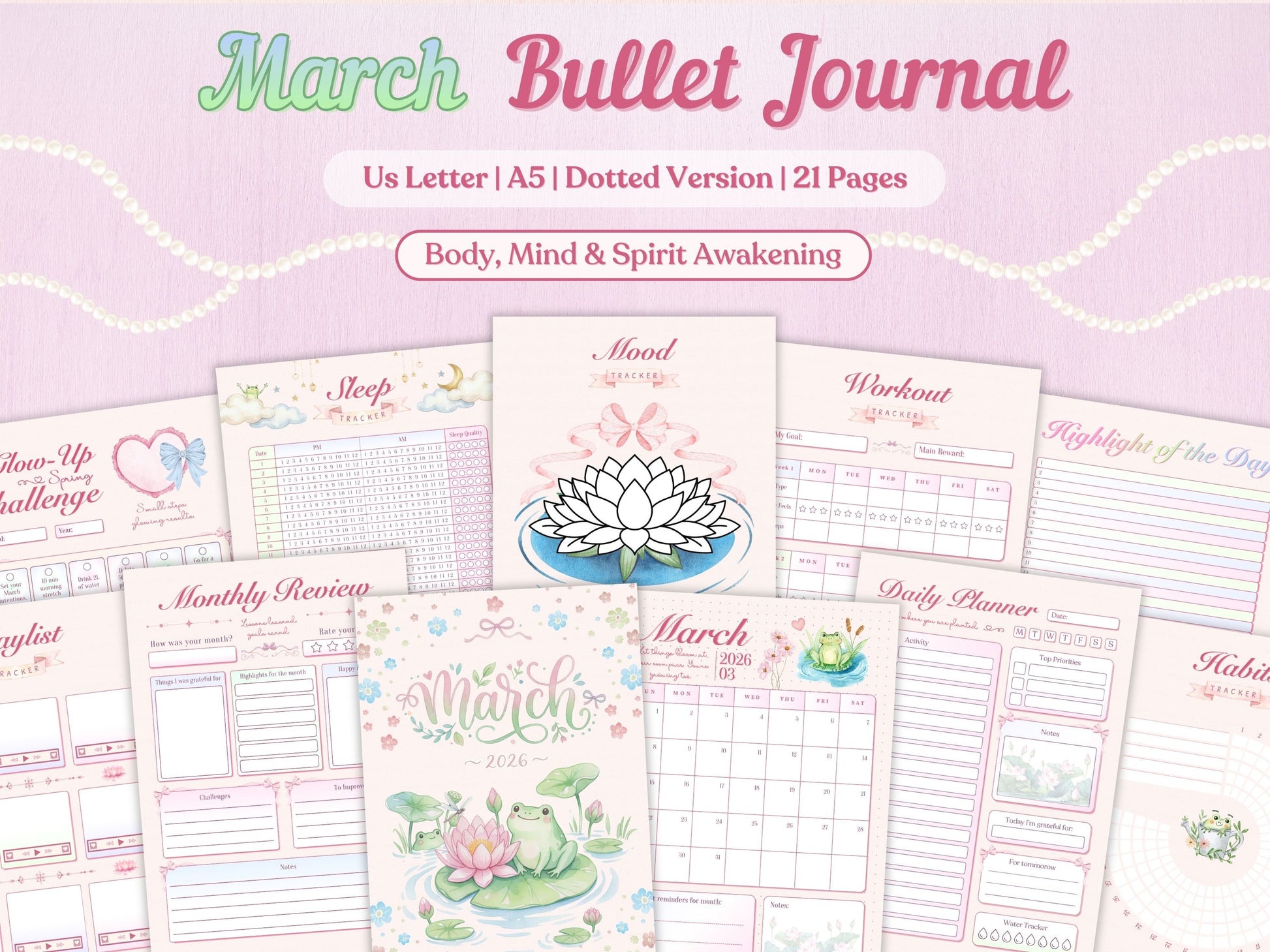 Printable March bullet journal bundle, showing pastel pink pages, trackers, and a cute watercolor frog and lotus cover.