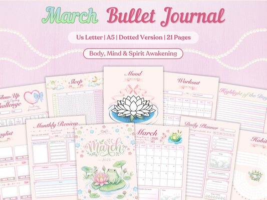 Printable March bullet journal bundle, showing pastel pink pages, trackers, and a cute watercolor frog and lotus cover.