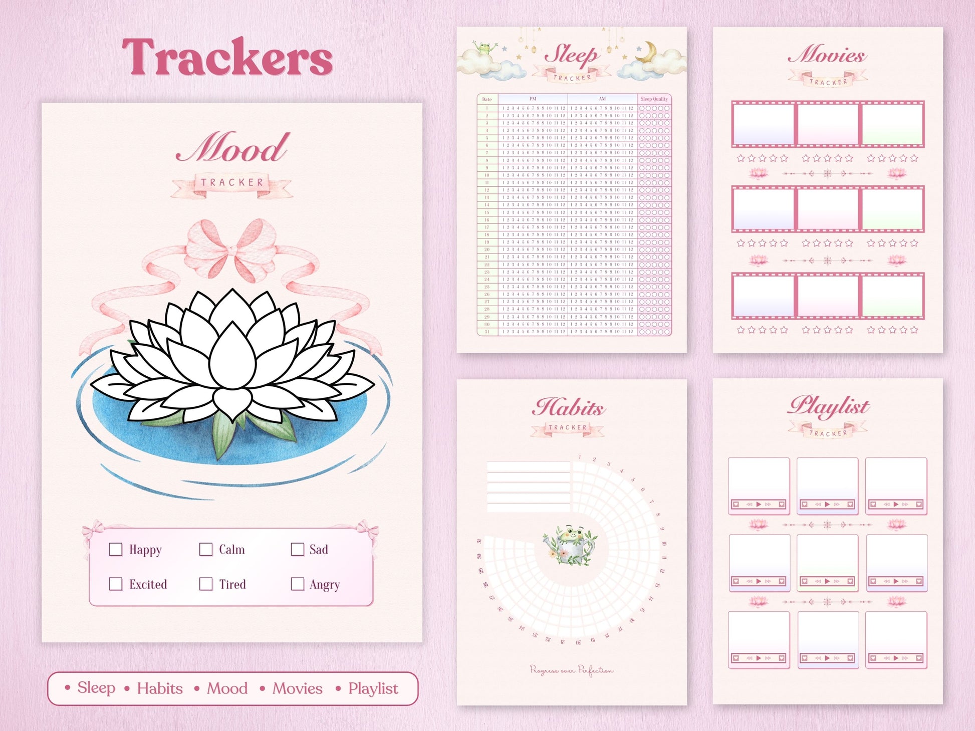 Monthly trackers for a spring bullet journal, showing a lotus flower mood tracker, sleep log, and habit tracker.