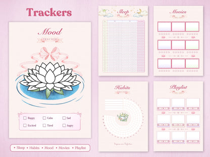 Monthly trackers for a spring bullet journal, showing a lotus flower mood tracker, sleep log, and habit tracker.