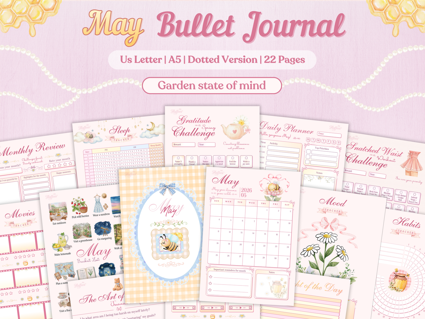 May Bullet Journal Bundle with garden state of mind theme, featuring 22 printable pages in A5 and US Letter sizes. Pastel pink and honey yellow aesthetic.