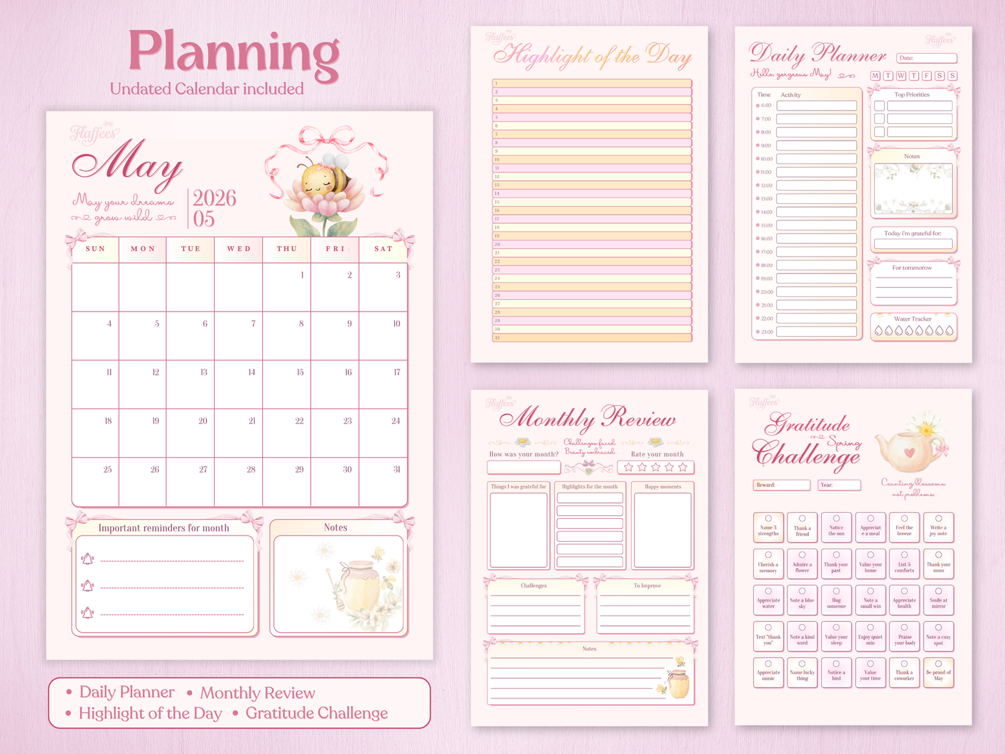 May planning pages including undated calendar, daily planner, monthly review, and gratitude challenge with cute bee and honey pot illustrations.