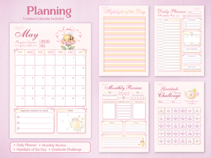 May planning pages including undated calendar, daily planner, monthly review, and gratitude challenge with cute bee and honey pot illustrations.