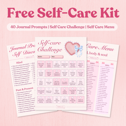 Free self-care kit with journal prompts, self-care challenge, and menu on a pink background