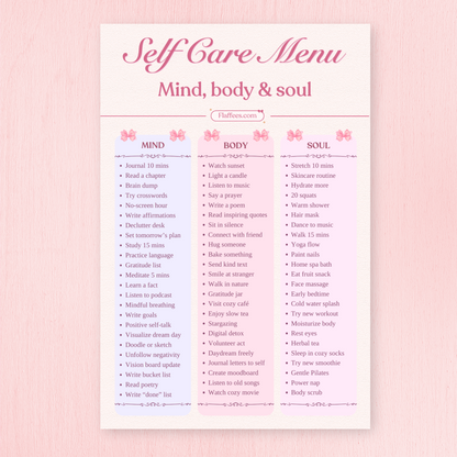 Self-care menu for mind, body, and soul on a pink background