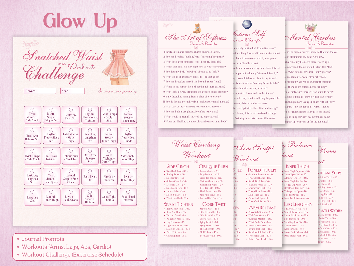 Glow up section for May: Snatched Waist workout challenge schedule, targeted exercise routines, and mental health journal prompts for softness.