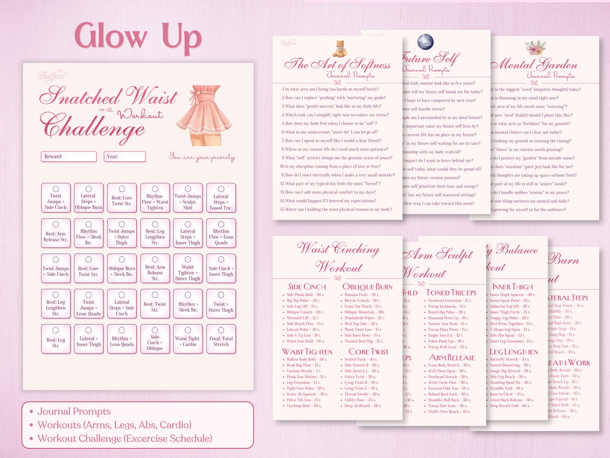 Glow up section for May: Snatched Waist workout challenge schedule, targeted exercise routines, and mental health journal prompts for softness.