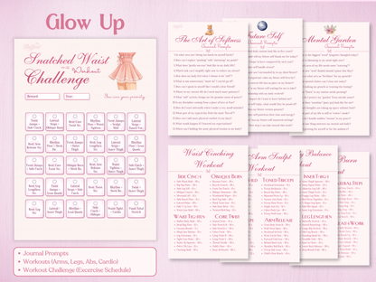 Glow up section for May: Snatched Waist workout challenge schedule, targeted exercise routines, and mental health journal prompts for softness.