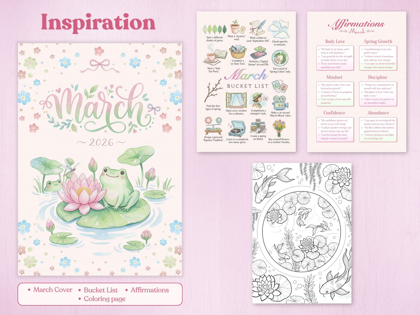 Spring inspiration planner pages, featuring a March bucket list, daily affirmations, and a koi fish pond coloring page.