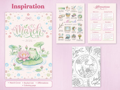 Spring inspiration planner pages, featuring a March bucket list, daily affirmations, and a koi fish pond coloring page.