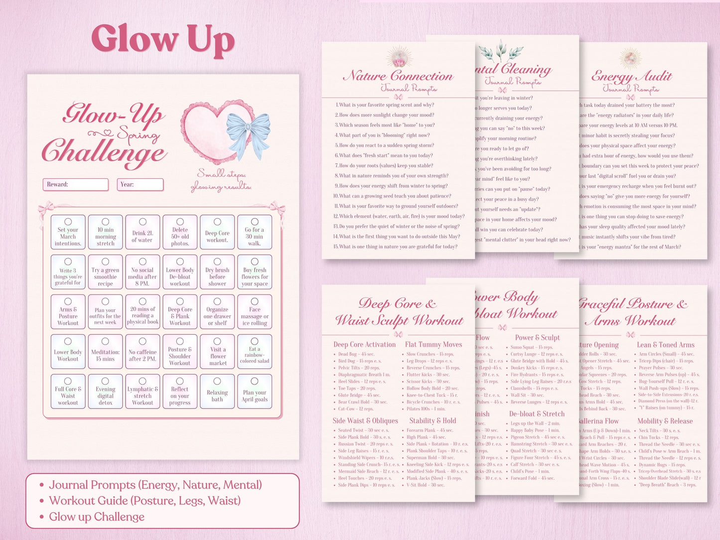 Printable spring glow up challenge kit, showing detailed workout guides and wellness journal prompts with blue bows.