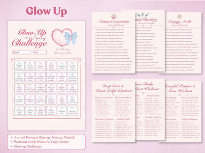 Printable spring glow up challenge kit, showing detailed workout guides and wellness journal prompts with blue bows.