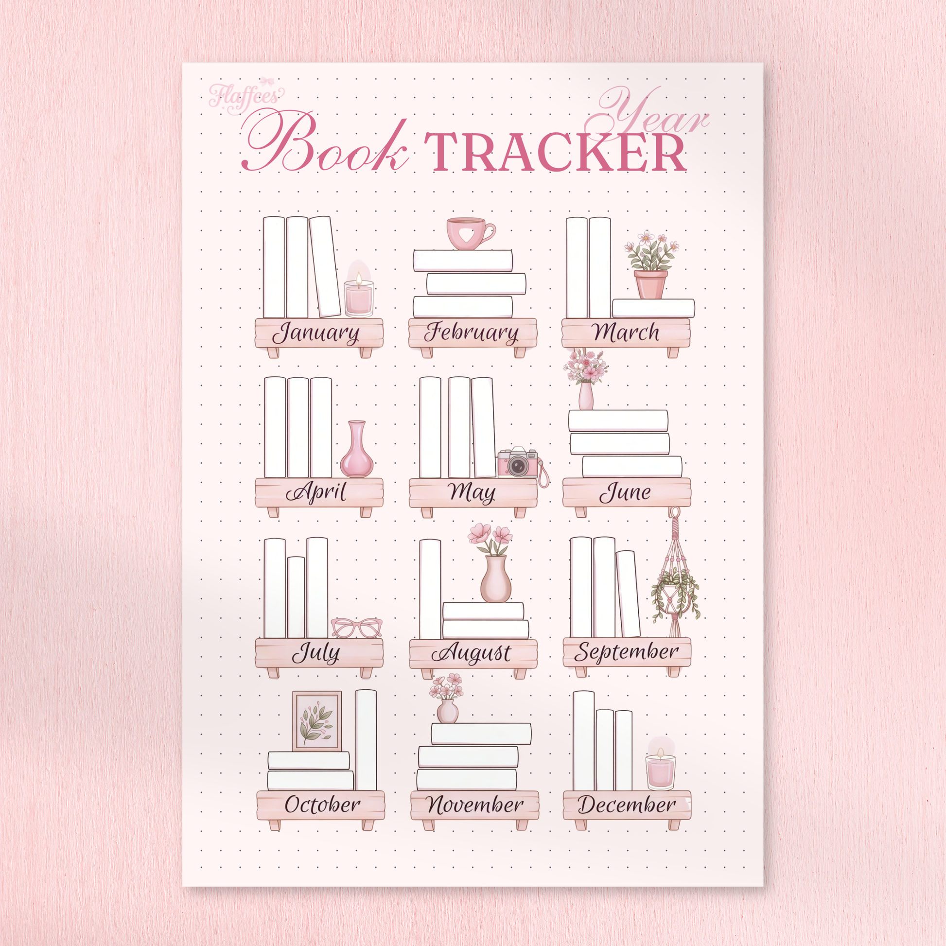 A circular monthly book tracker with 31 slots to color in, featuring a center illustration of a stack of pastel books tied with a string.